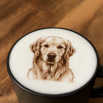Dog portrait printed in cocoa on a latte