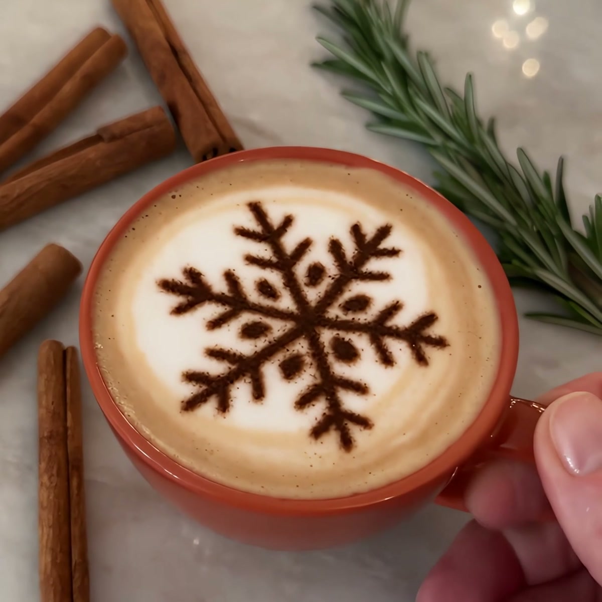 Snowflake design printed in cocoa on a cappuccino